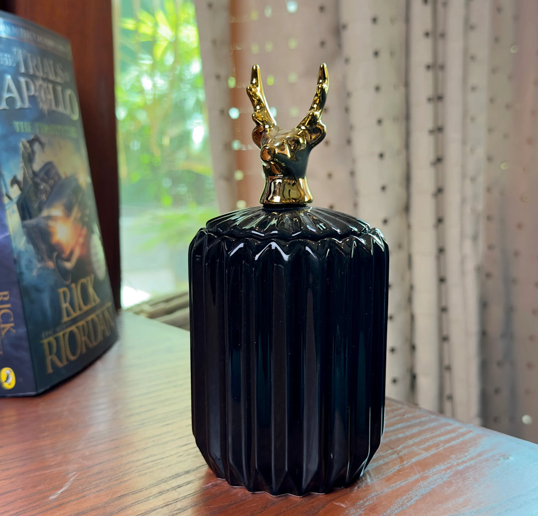 Gold Animal Lid Black Ceramic Candy Jar