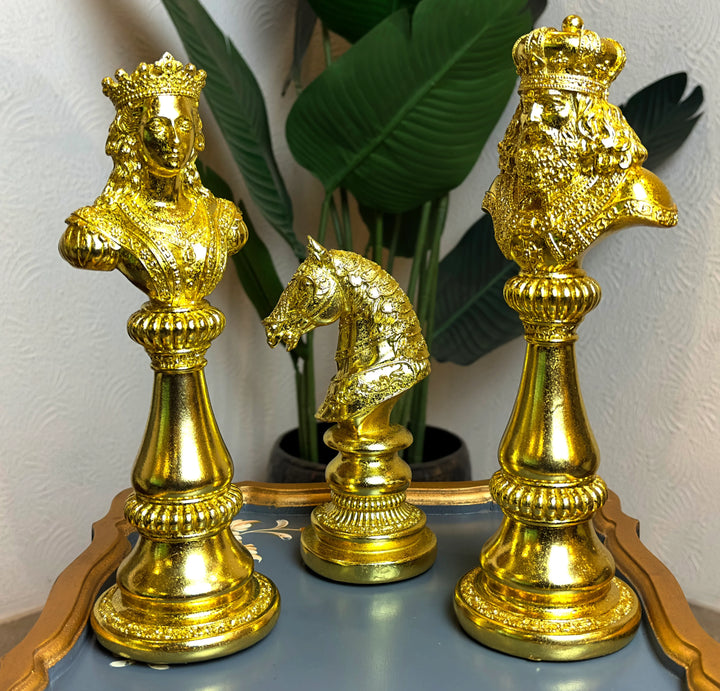 Golden Chess King, Queen And Knight Figurine Set - 3 PCs