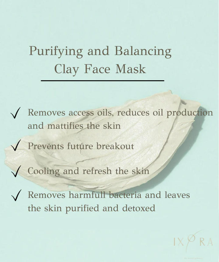 Ixora - Sebum Regulating Purifying and Balancing Clay Face Mask with Tea Tree, Eucalyptus Essential Oils, Aloe Vera, Peppermint Oil for Absorbing Excess Oil, Reducing Acne
